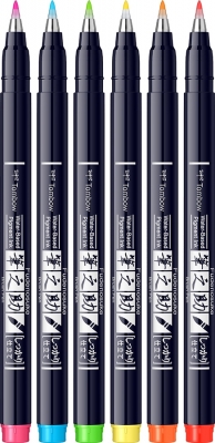 Markere caligrafice Fudenosuke Hard, 6 culori/set, Tombow